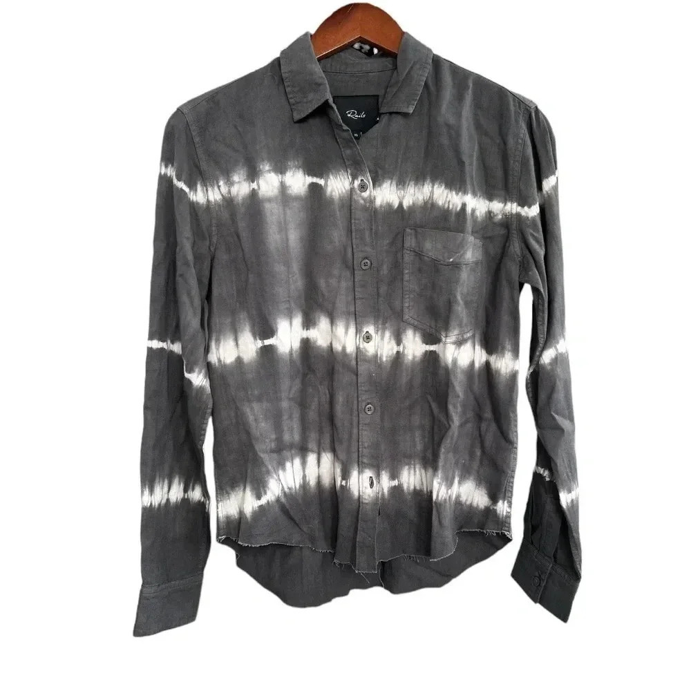 NWOT Rails Ingrid Raw Hem Tie Dye Shirt Tencel Top  Coal‎ White Wave Sz XS
